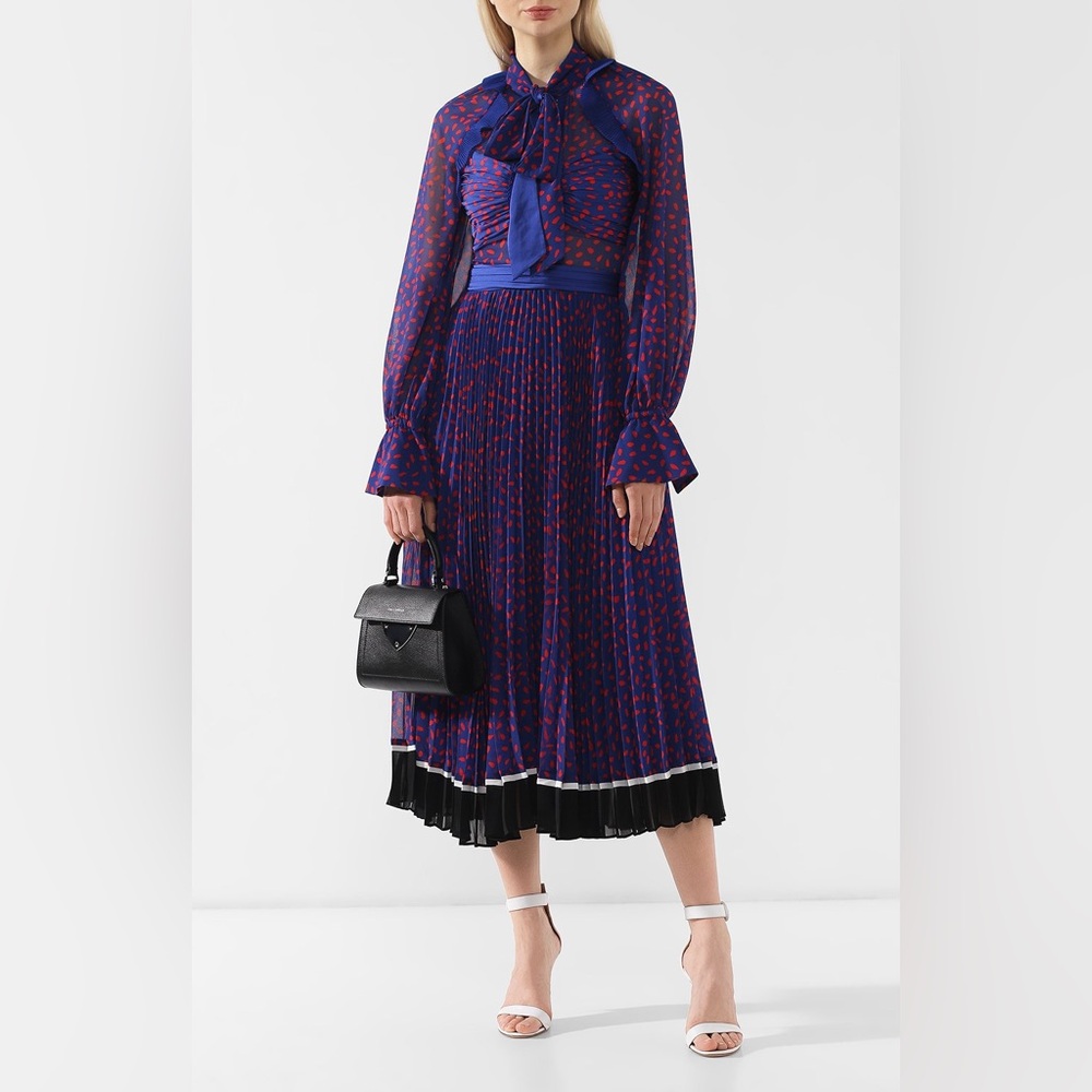 Self-Portrait Purple and Red Long-Sleeve Pleated Midi Dress